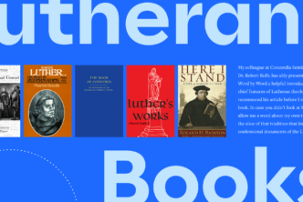 Lutheran Books displayed in large font, with five featured book covers arranged in a row. To the right, a portion of the article text is visible.
