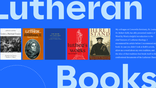 Lutheran Books displayed in large font, with five featured book covers arranged in a row. To the right, a portion of the article text is visible.