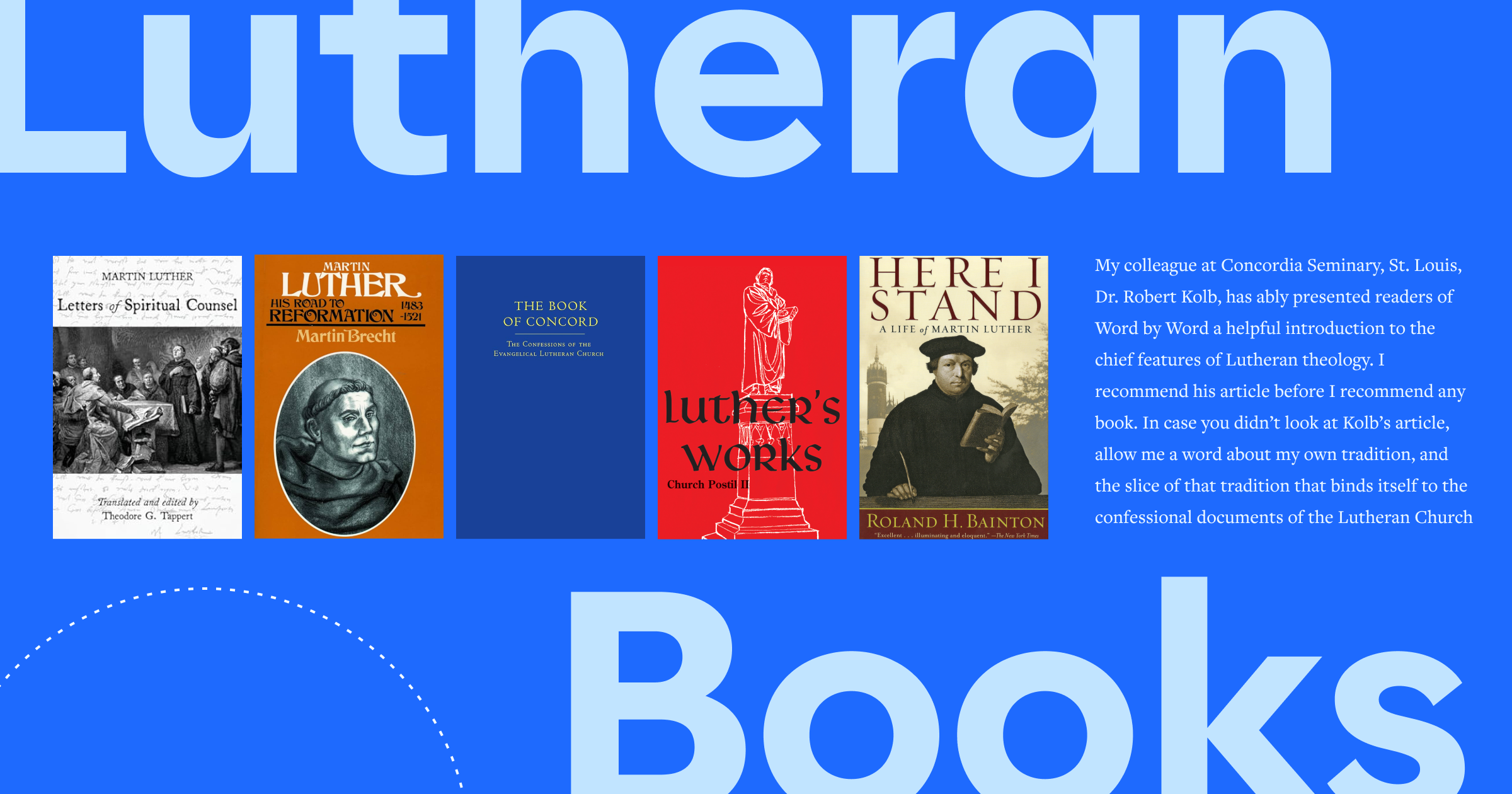 Lutheran Books displayed in large font, with five featured book covers arranged in a row. To the right, a portion of the article text is visible.