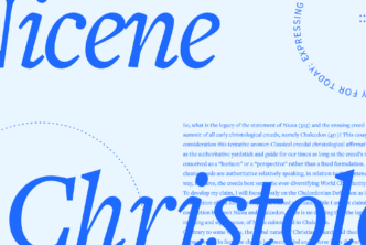 The words Nicene Christology in large Logos blue font, over an excerpt of the article text in the lower right corner.