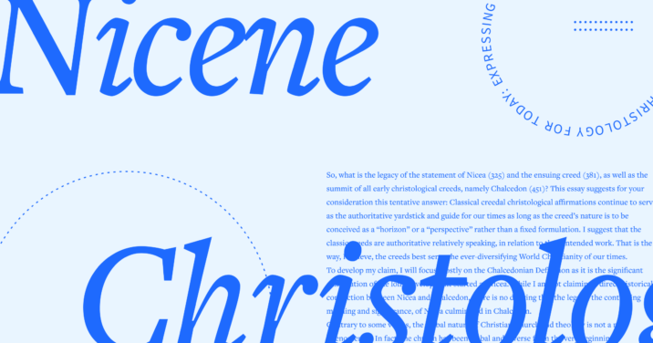 The words Nicene Christology in large Logos blue font, over an excerpt of the article text in the lower right corner.