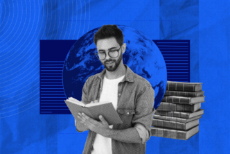 A photo of a church leader with an open book and several other books behind him to represent the importance of learning about other beliefs.