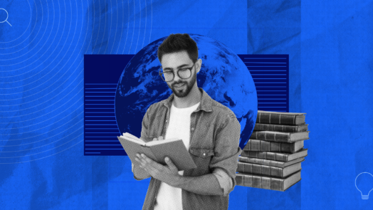 A photo of a church leader with an open book and several other books behind him to represent the importance of learning about other beliefs.