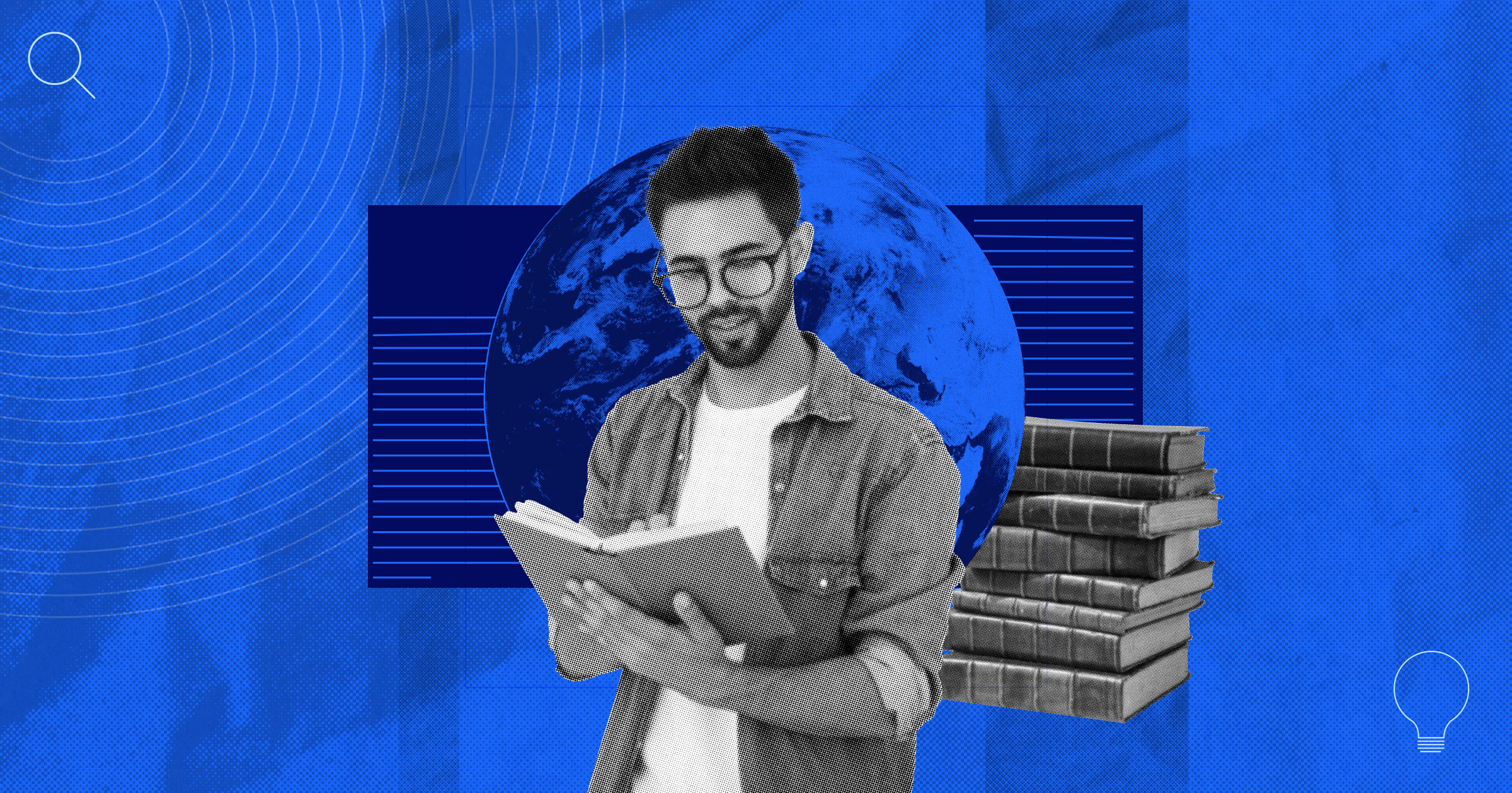 A photo of a church leader with an open book and several other books behind him to represent the importance of learning about other beliefs.