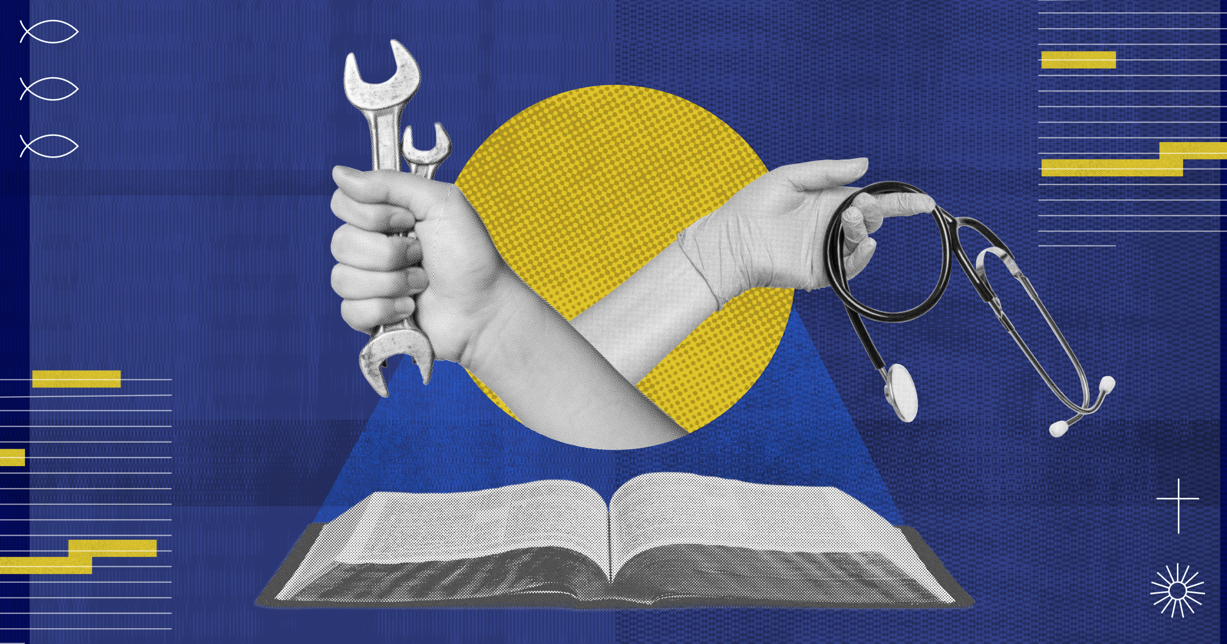 A hand gripping a stethoscope, another a wrench, both above an open Bible symbolizing the theology of work.