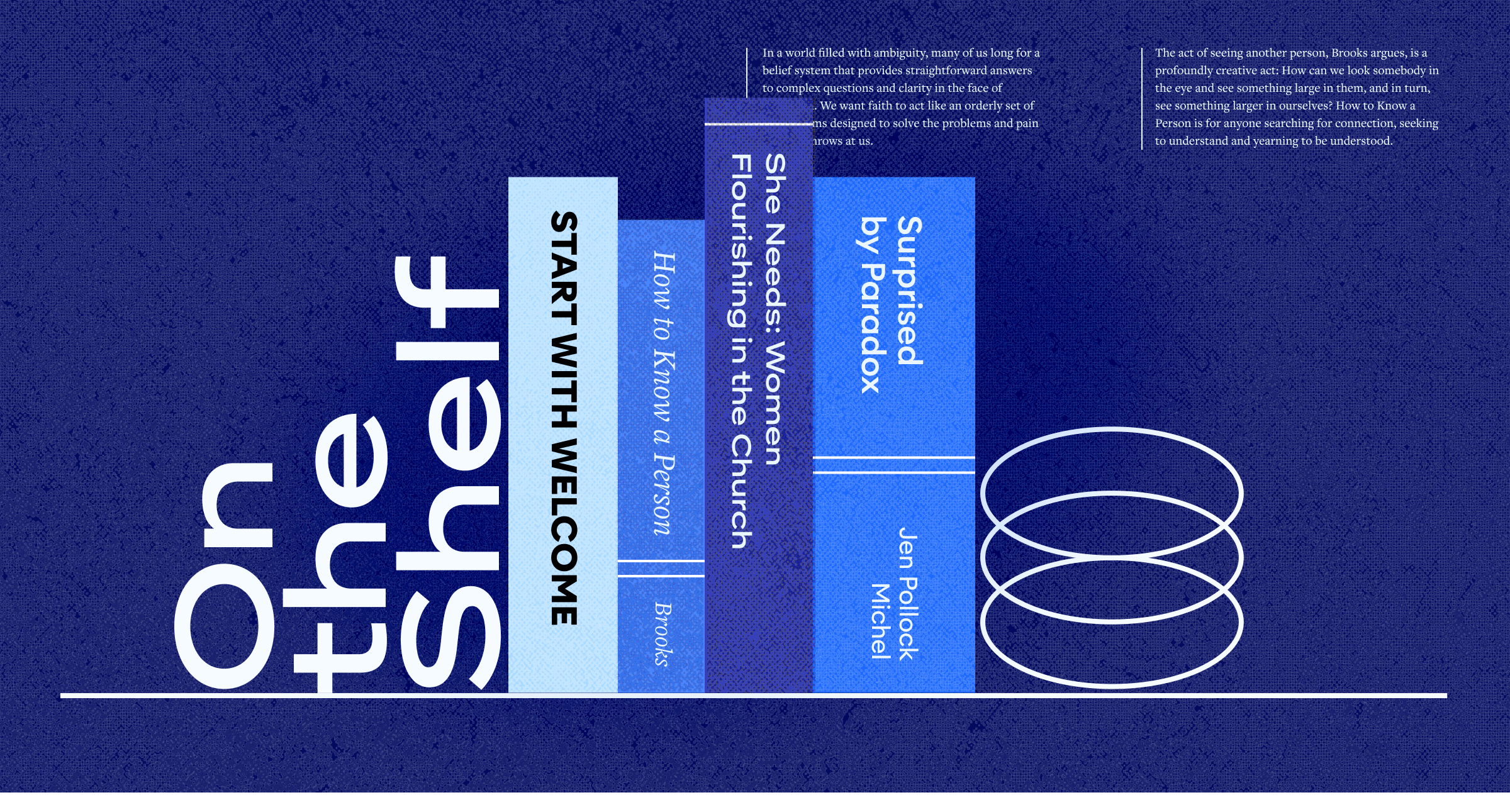 An illustrated image of a bookshelf displaying a few of the books Elyse Fitzpatrick mentioned in the article, with a portion of the article text visible in the upper right corner.