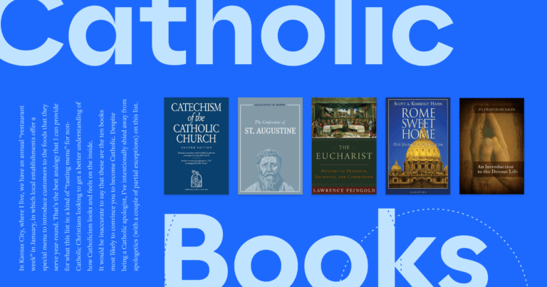 Five featured books are displayed in the center of the image with a portion of the article text to the left and the words Catholic Books in large, bold font.
