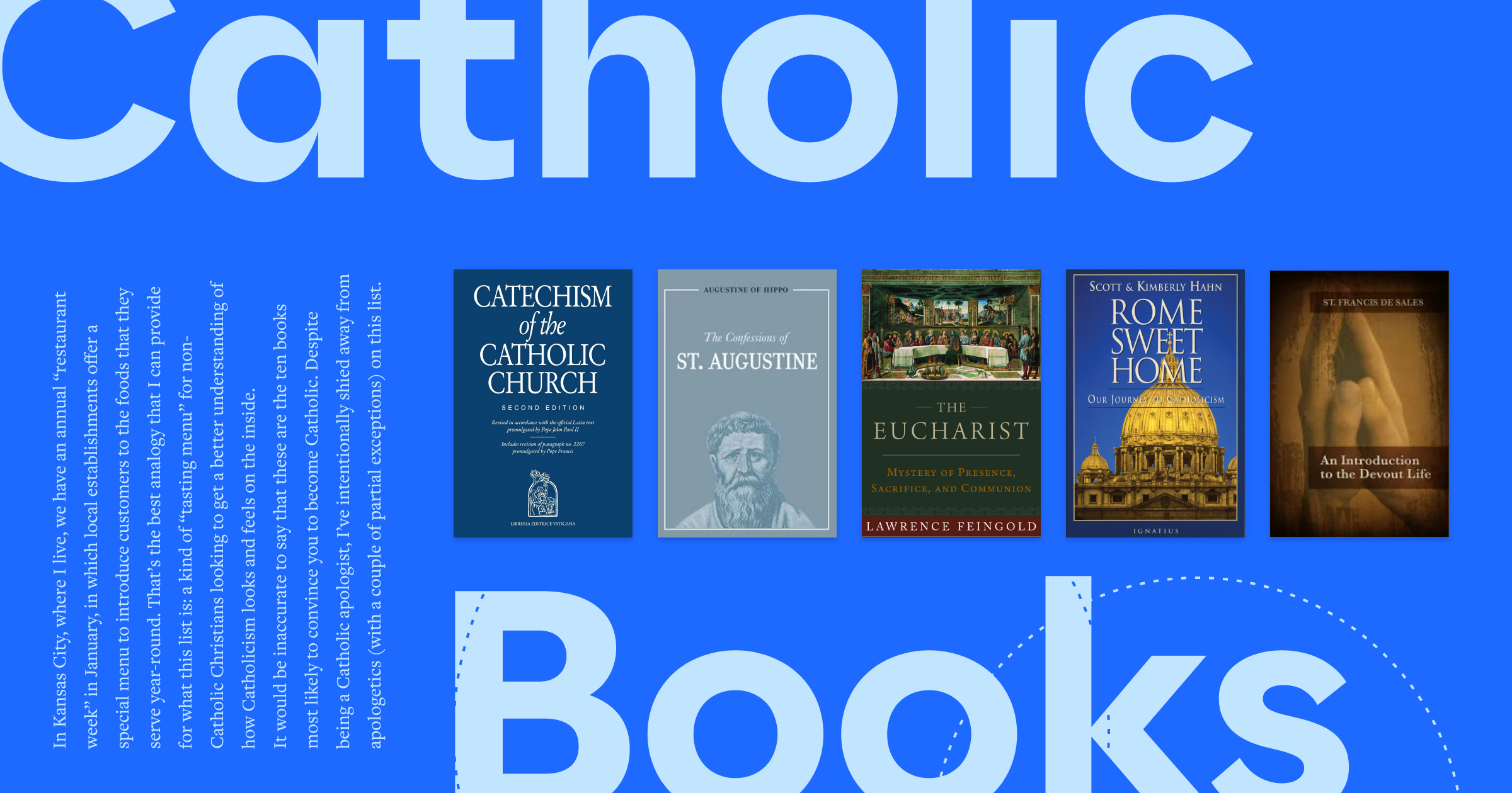 Five featured books are displayed in the center of the image with a portion of the article text to the left and the words Catholic Books in large, bold font.