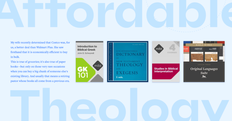 The words Affordable Theology in light bold font with four featured resources in the center and a portion of the article text to the left.