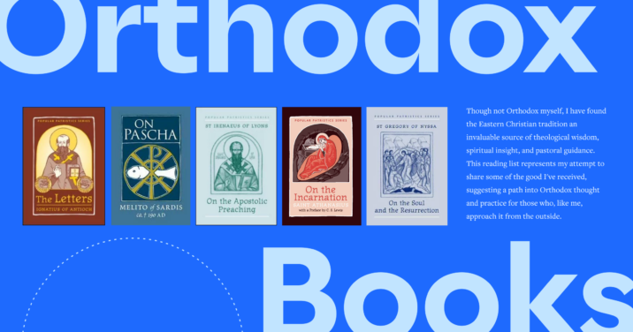 The words Orthodox Books in bold font with 5 featured books in the middle and a portion of the article text to the right.