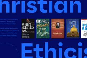 The words Christian Ethicist in large bold font, 5 featured book covers in the center and a portion of the article text can be seen to the left.