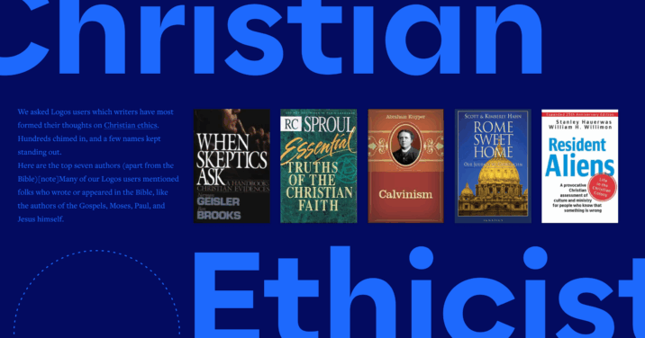 The words Christian Ethicist in large bold font, 5 featured book covers in the center and a portion of the article text can be seen to the left.