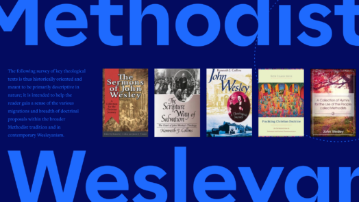 Bold text that reads Methodist Wesleyan. Five book covers on Methodist theology and John Wesleys teachings are displayed in the center, with a portion of the article text to the left.