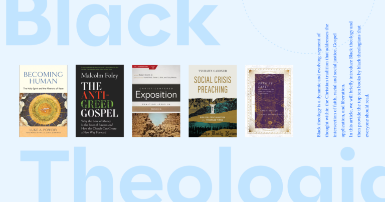 The words Black Theolgians in bold header font with five featured book covers in the middle and a portion of the article text to the right.
