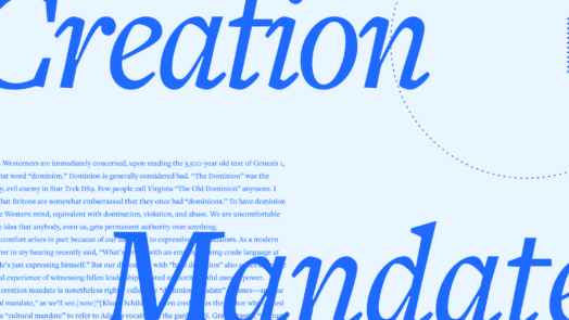 The words Creation Mandate in large script font with a portion of the article text in the background.