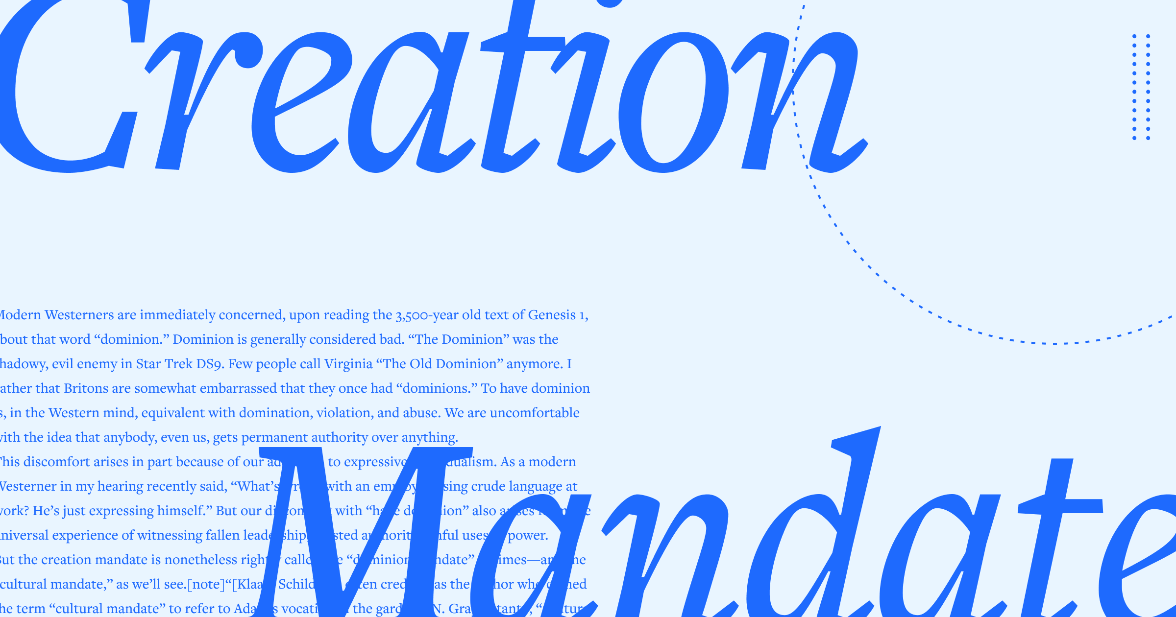 The words Creation Mandate in large script font with a portion of the article text in the background.