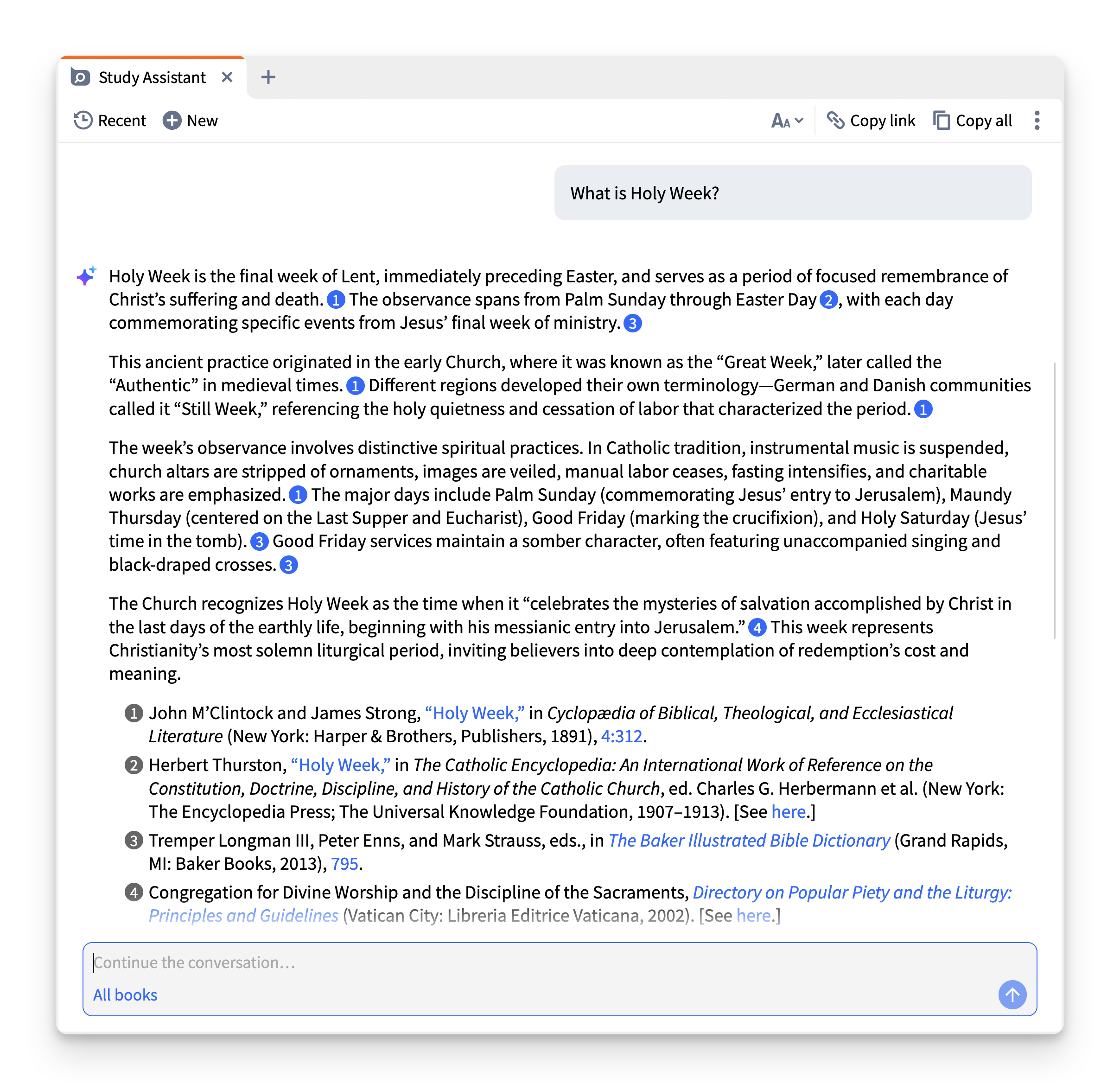 Logos's Study Assistant asking the question, "What is Holy Week?"