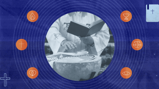 An image of a baptismal font in the center symbolizing grace addressing the body and ethics.