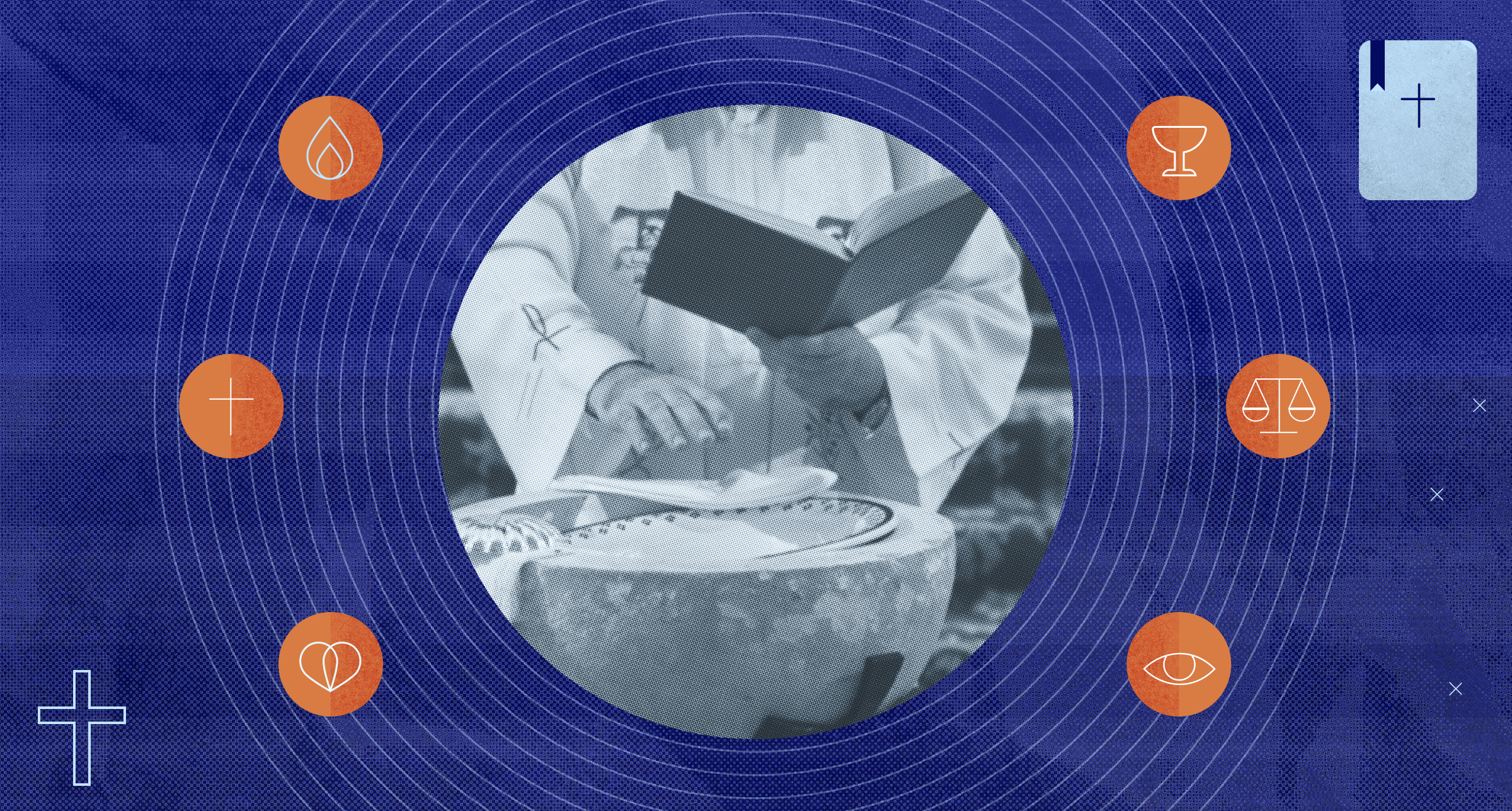 An image of a baptismal font in the center symbolizing grace addressing the body and ethics.