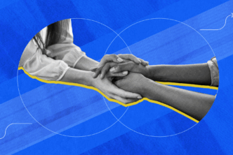 An illustration of two people clasping hands, shown in black and white with overlapping circles on a blue background used to represent reconciliation.