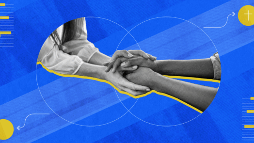 An illustration of two people clasping hands, shown in black and white with overlapping circles on a blue background used to represent reconciliation.