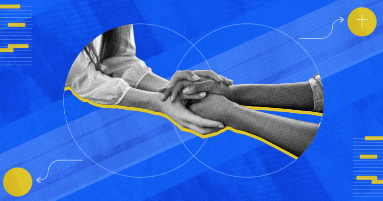 An illustration of two people clasping hands, shown in black and white with overlapping circles on a blue background used to represent reconciliation.