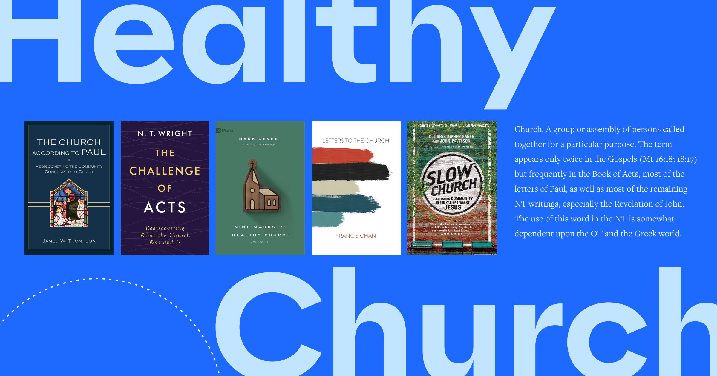 The words Healthy Church in large bold font, featuring 5 book covers on healthy churches in the middle and a portion of the article text to the right.