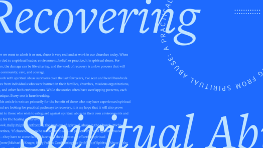 The words Recovering Spiritual Abuse can be seen in large script font with a portion of the article text in the background.