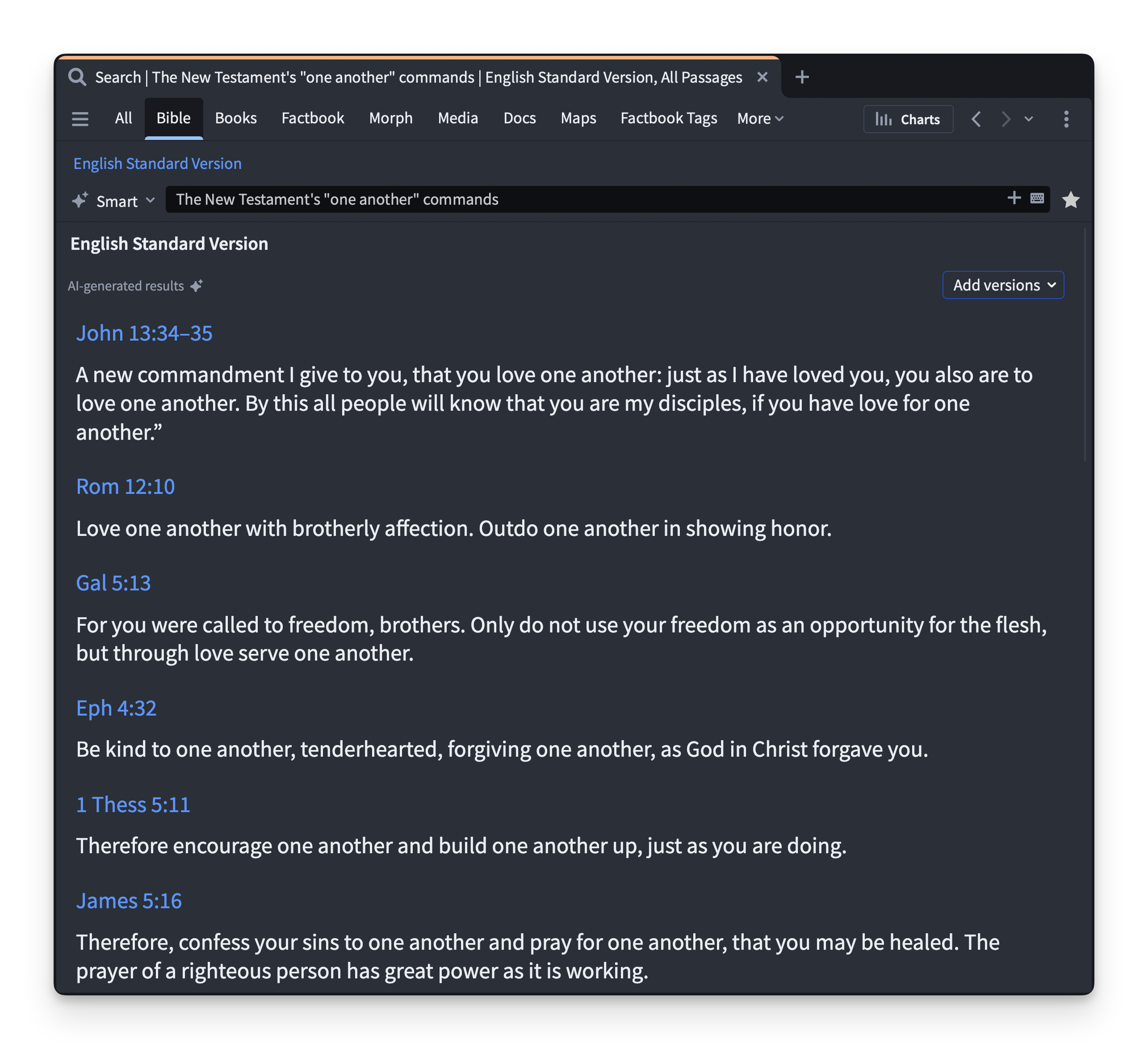 Logos's Smart Search in Bible for the New Testament's one another commands.