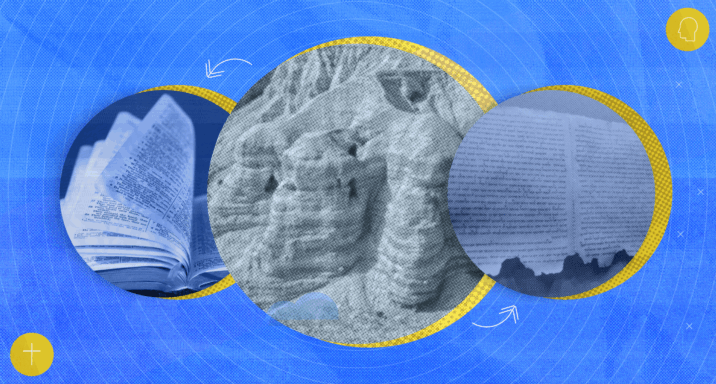 A collage of the Qumran caves, a fragment of text from Isaiah, and an open Bible.