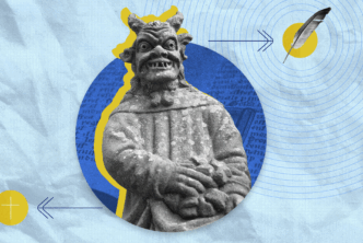 An illustration of a statue of the demon Screwtape from C.S. Lewis’s The Screwtape Letters, with a feathered pen to the right.