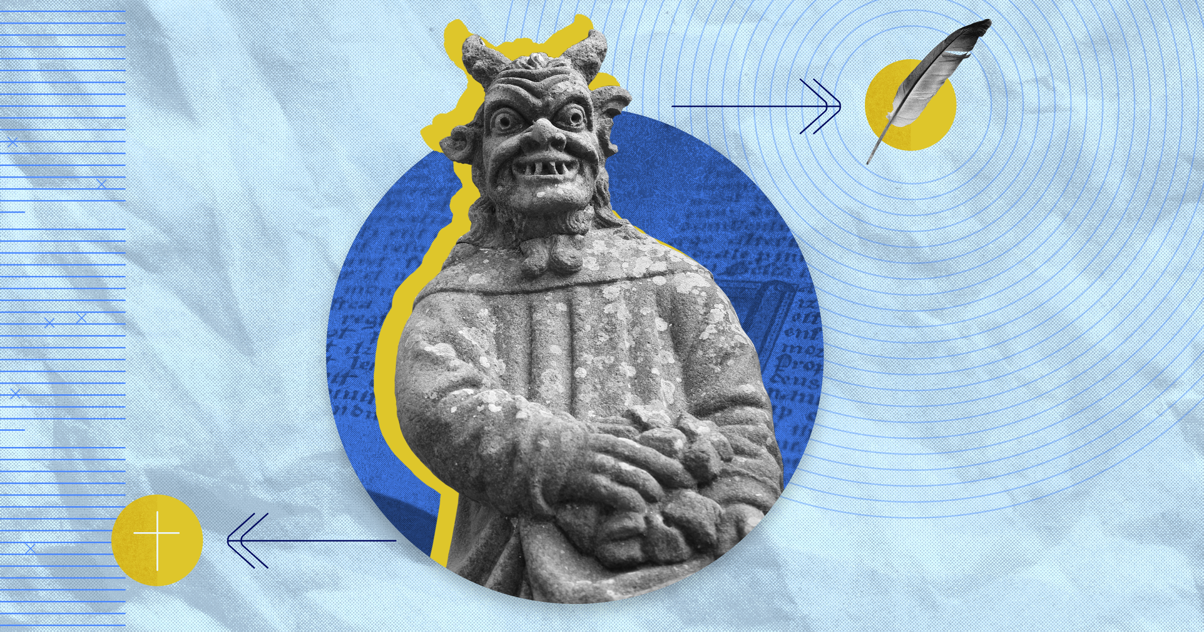 An illustration of a statue of the demon Screwtape from C.S. Lewis’s The Screwtape Letters, with a feathered pen to the right.