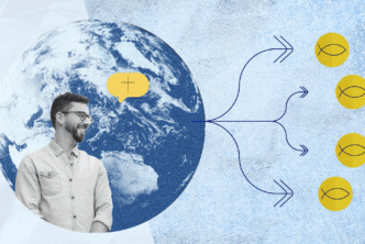 A cut-out of the earth and a man in front to represent the importance of evangelizing.