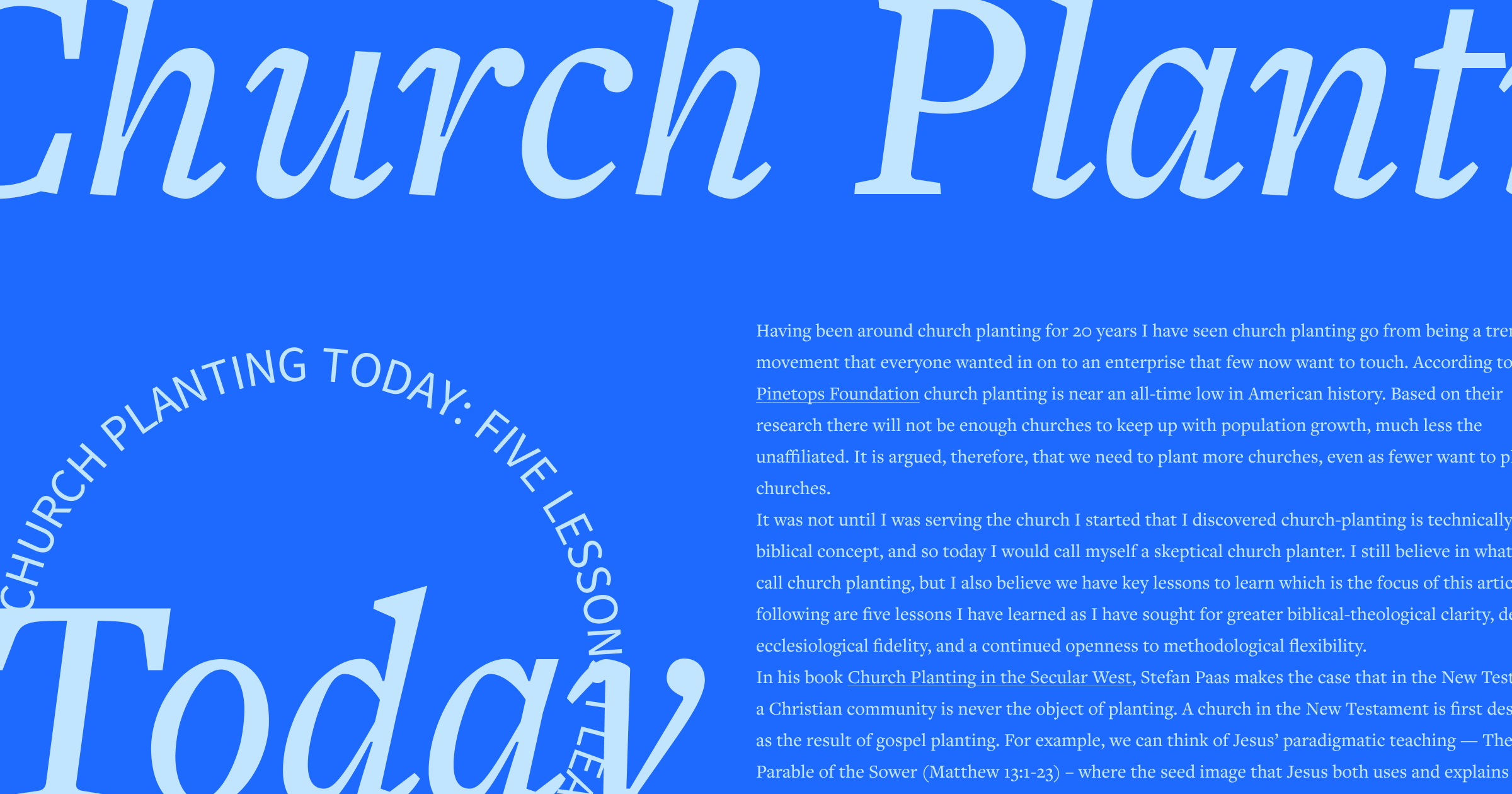 The words, Church Planting Today, in large script font with a portion of the article text in the background.