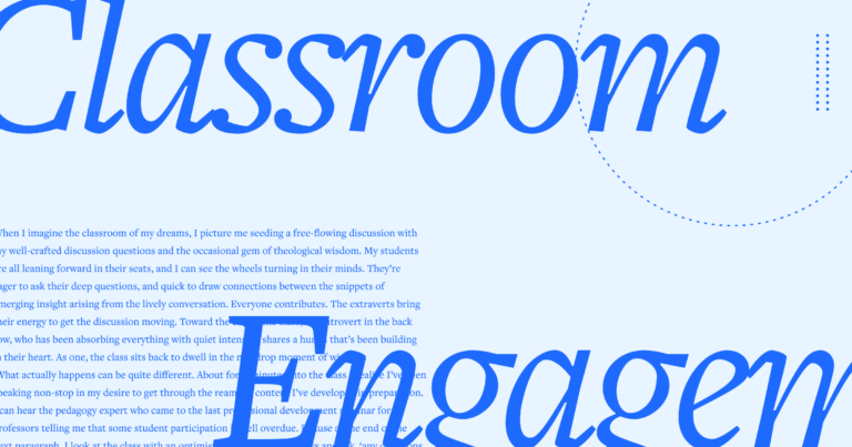 The words Classroom Engagement in large script font with a portion of the article text on discussion questions in the background.