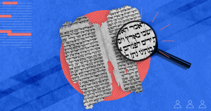 A magnifying glass over a parchment with Hebrew text on it signifying textual criticism and them methods use to discern the original text
