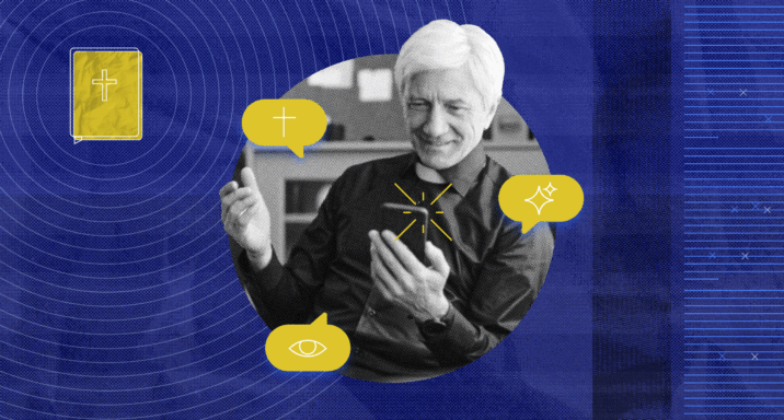 An older pastor in a clerical collar holding a phone and scrolling social media with a Bible visible in the background.