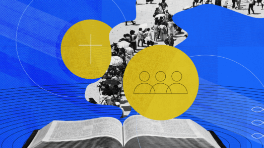 An open Bible with a stream of people coming out of it next to a circle with a cross and another circle with icons of people representing Christian community