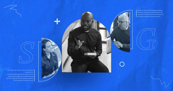 A man in a clerical collar teaching to a woman and a man representing small group leaders at church