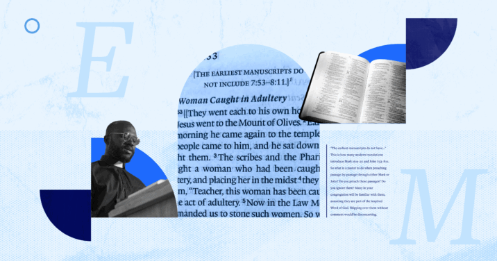 A collage representing the ending of Mark and John 8, featuring an open Bible, a pastor preaching from a pulpit, and a close-up of Scripture with the note, 'The earliest manuscripts do not include.'