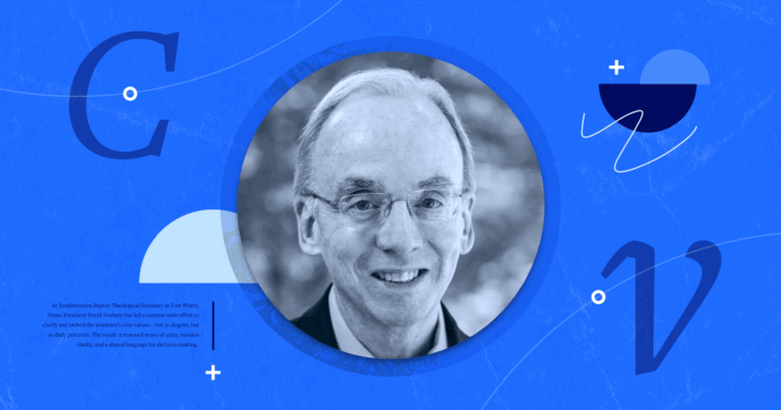 An image of David S. Dockery, president of Southwestern Baptist Theological Seminary, with the letters C and V representing core values.