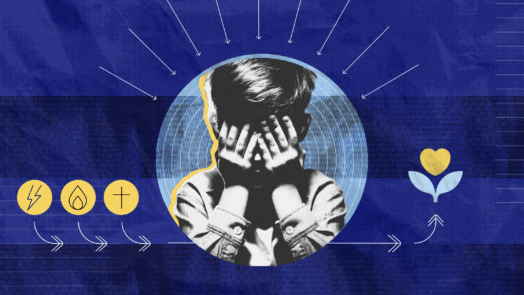 An image of a kid with his hands over his face and symbols to the left to symbolize autism and neurodivergency in discipleship.