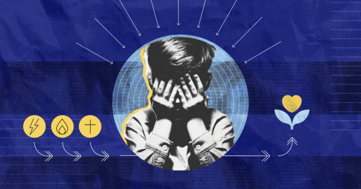 An image of a kid with his hands over his face and symbols to the left to symbolize autism and neurodivergency in discipleship.