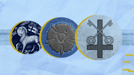 A collage of notable Lutheran icons (from left to right): the Lamb of God, Luthers rose, Keys of the Kingdom.