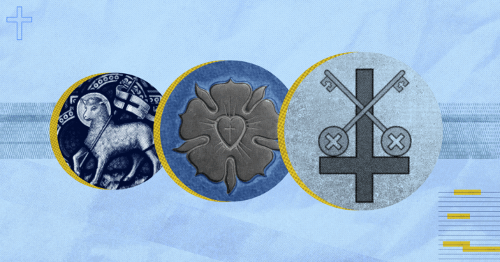 A collage of notable Lutheran icons (from left to right): the Lamb of God, Luthers rose, Keys of the Kingdom.