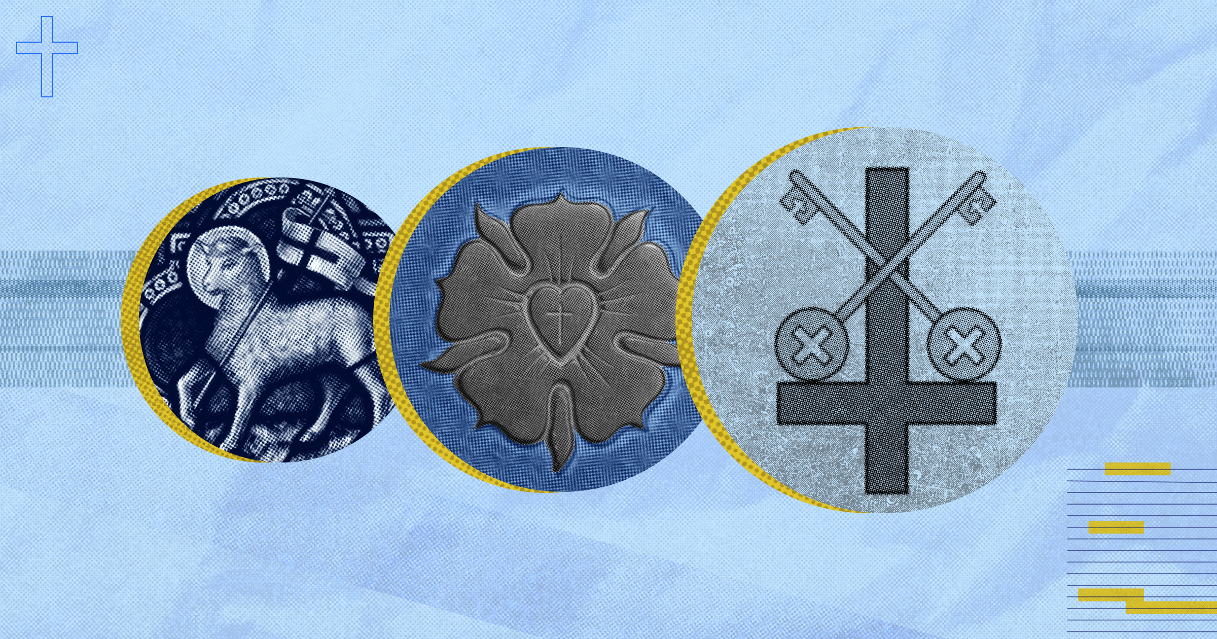 A collage of notable Lutheran icons (from left to right): the Lamb of God, Luthers rose, Keys of the Kingdom.