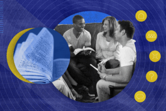 An image of a small group of people studying the Bible together.