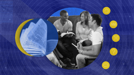 An image of a small group of people studying the Bible together.