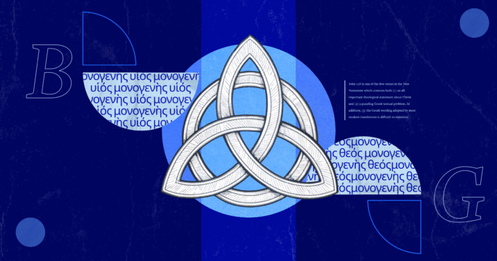 An image with a triquetra, symbolizing the Trinity, surrounding by Greek text from John 1.