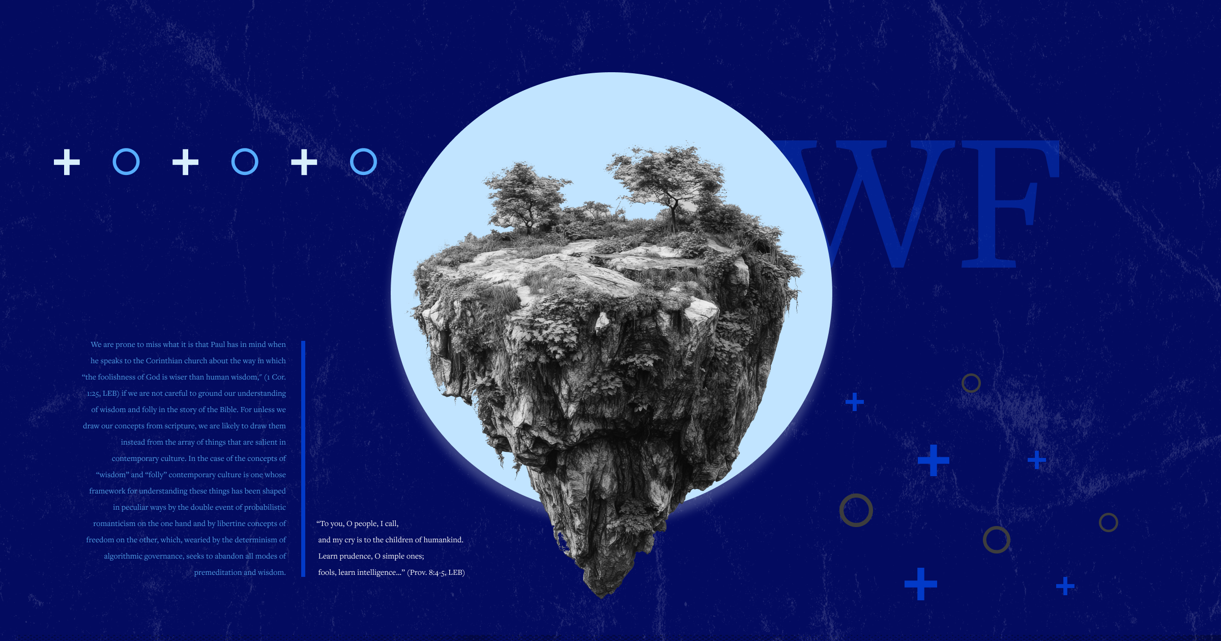 An image of a stylized piece of land with the letters W and F for wisdom and folly.